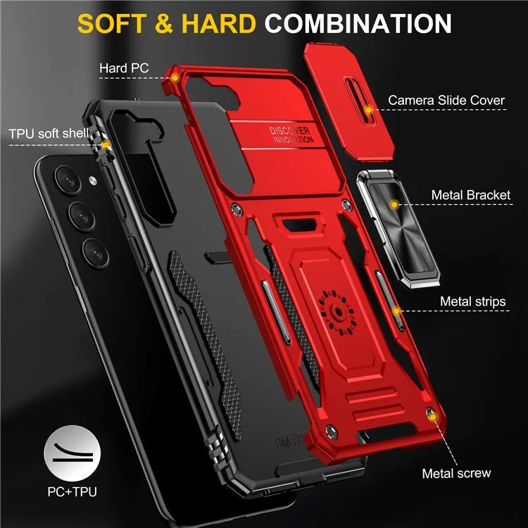 Armor Series For Samsung Galaxy S24 Case PC+TPU Shockproof Kickstand Smart Phone Back Protector with Slide Lens Lid