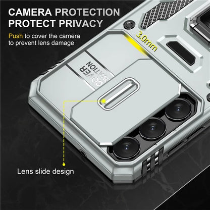 Armor Series For Samsung Galaxy S24 Case PC+TPU Shockproof Kickstand Smart Phone Back Protector with Slide Lens Lid