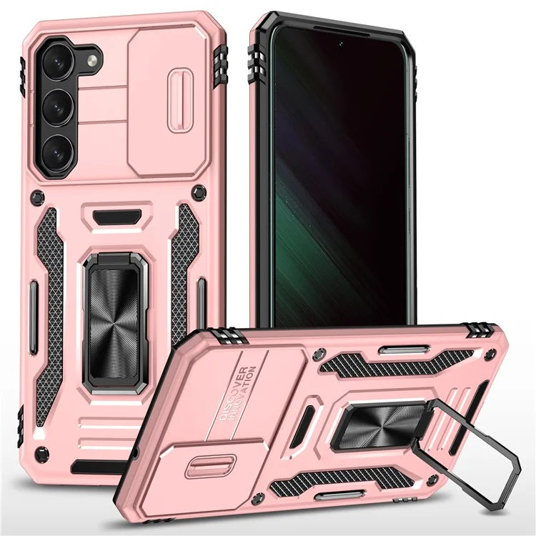 Armor Series For Samsung Galaxy S24 Case PC+TPU Shockproof Kickstand Smart Phone Back Protector with Slide Lens Lid