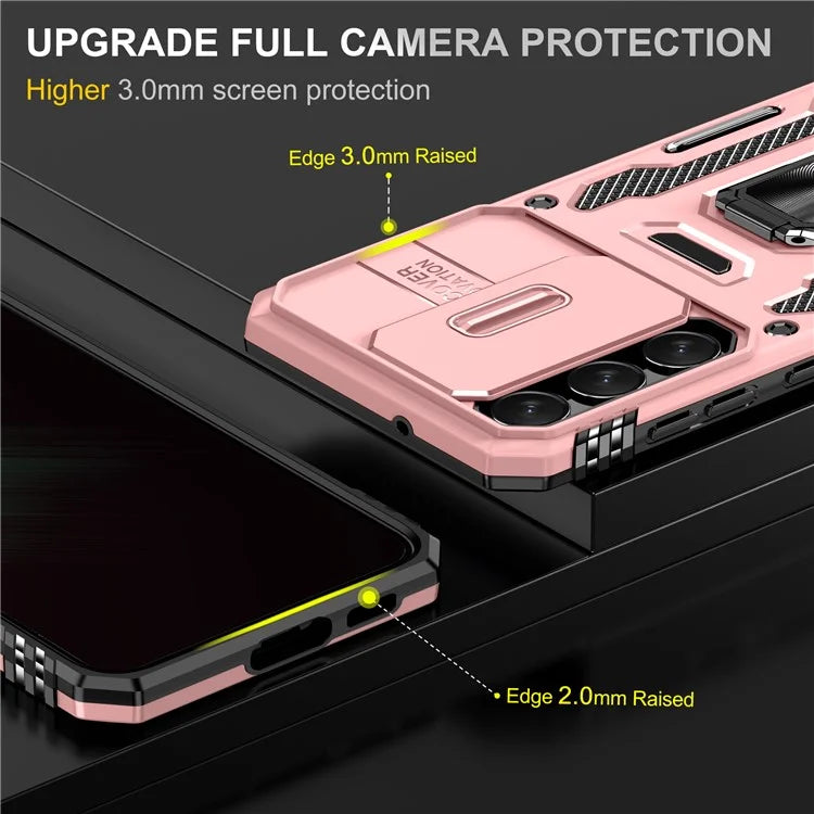 Armor Series For Samsung Galaxy S24 Case PC+TPU Shockproof Kickstand Smart Phone Back Protector with Slide Lens Lid