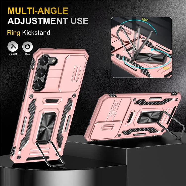 Armor Series For Samsung Galaxy S24 Case PC+TPU Shockproof Kickstand Smart Phone Back Protector with Slide Lens Lid