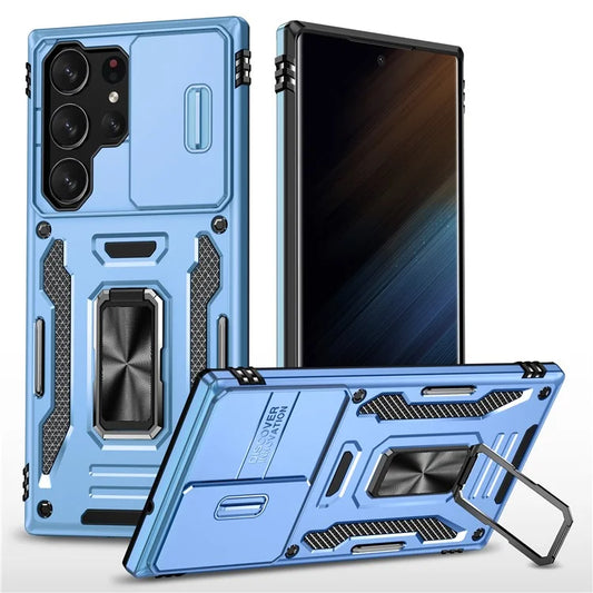 Armor Series For Samsung Galaxy S24 Ultra Case Slide Lens Protection Shockproof PC+TPU Kickstand Phone Cover