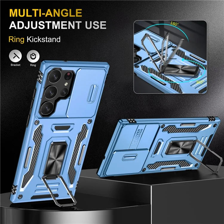 Armor Series For Samsung Galaxy S24 Ultra Case Slide Lens Protection Shockproof PC+TPU Kickstand Phone Cover