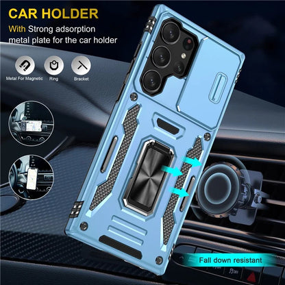 Armor Series For Samsung Galaxy S24 Ultra Case Slide Lens Protection Shockproof PC+TPU Kickstand Phone Cover