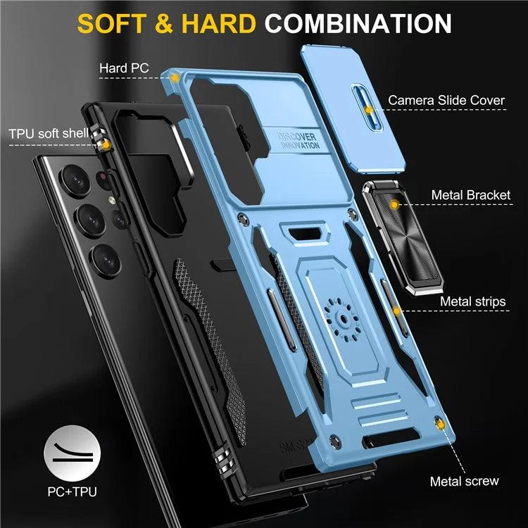 Armor Series For Samsung Galaxy S24 Ultra Case Slide Lens Protection Shockproof PC+TPU Kickstand Phone Cover