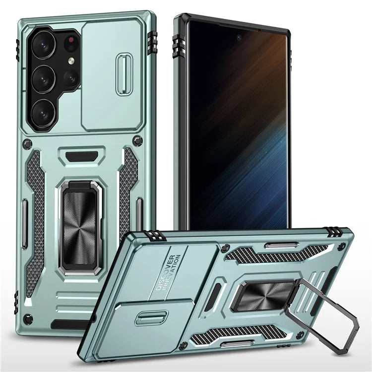 Armor Series For Samsung Galaxy S24 Ultra Case Slide Lens Protection Shockproof PC+TPU Kickstand Phone Cover