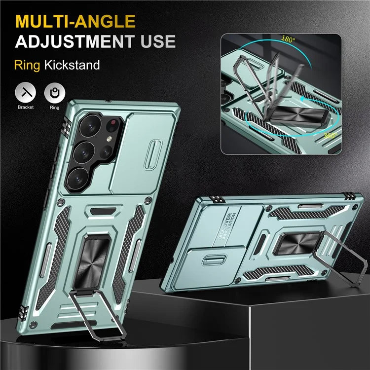 Armor Series For Samsung Galaxy S24 Ultra Case Slide Lens Protection Shockproof PC+TPU Kickstand Phone Cover