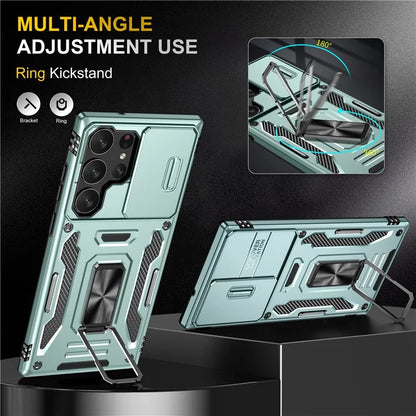 Armor Series For Samsung Galaxy S24 Ultra Case Slide Lens Protection Shockproof PC+TPU Kickstand Phone Cover