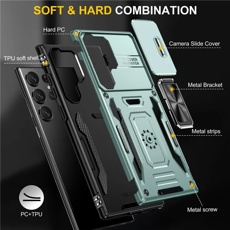 Armor Series For Samsung Galaxy S24 Ultra Case Slide Lens Protection Shockproof PC+TPU Kickstand Phone Cover