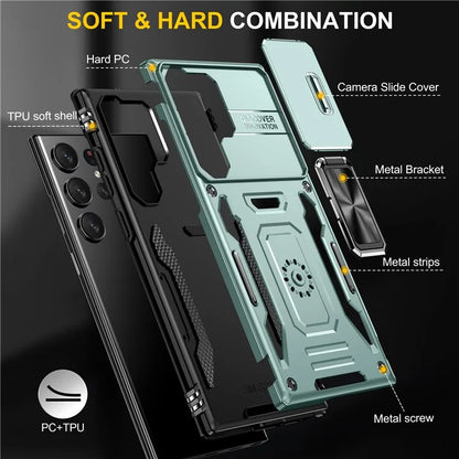 Armor Series For Samsung Galaxy S24 Ultra Case Slide Lens Protection Shockproof PC+TPU Kickstand Phone Cover
