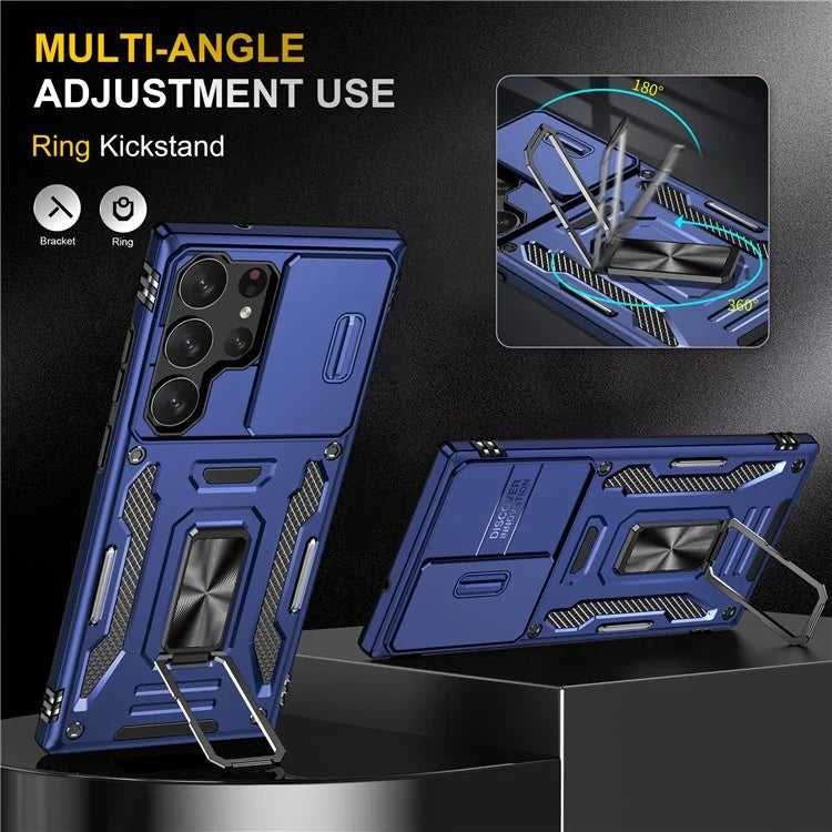 Armor Series For Samsung Galaxy S24 Ultra Case Slide Lens Protection Shockproof PC+TPU Kickstand Phone Cover
