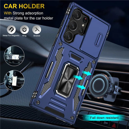 Armor Series For Samsung Galaxy S24 Ultra Case Slide Lens Protection Shockproof PC+TPU Kickstand Phone Cover