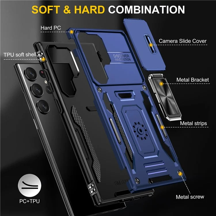 Armor Series For Samsung Galaxy S24 Ultra Case Slide Lens Protection Shockproof PC+TPU Kickstand Phone Cover