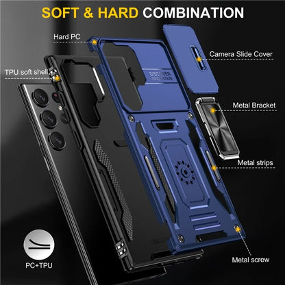 Armor Series For Samsung Galaxy S24 Ultra Case Slide Lens Protection Shockproof PC+TPU Kickstand Phone Cover