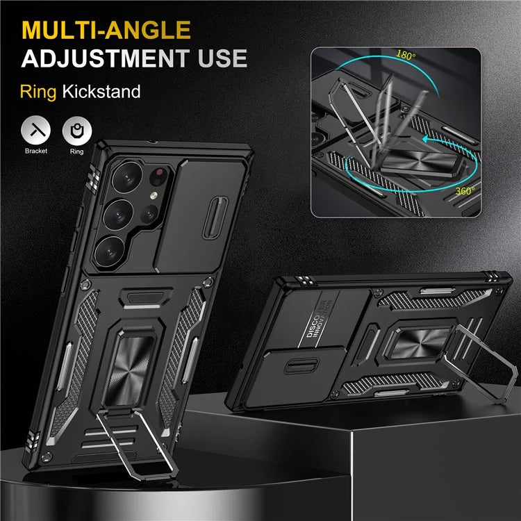 Armor Series For Samsung Galaxy S24 Ultra Case Slide Lens Protection Shockproof PC+TPU Kickstand Phone Cover