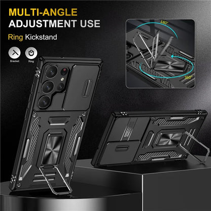 Armor Series For Samsung Galaxy S24 Ultra Case Slide Lens Protection Shockproof PC+TPU Kickstand Phone Cover
