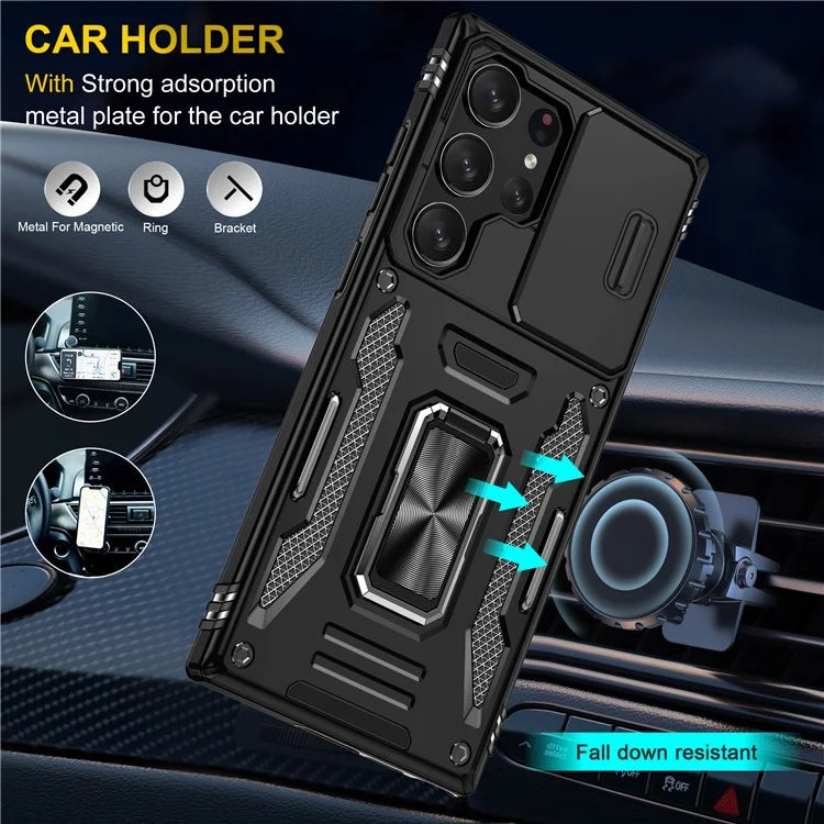 Armor Series For Samsung Galaxy S24 Ultra Case Slide Lens Protection Shockproof PC+TPU Kickstand Phone Cover