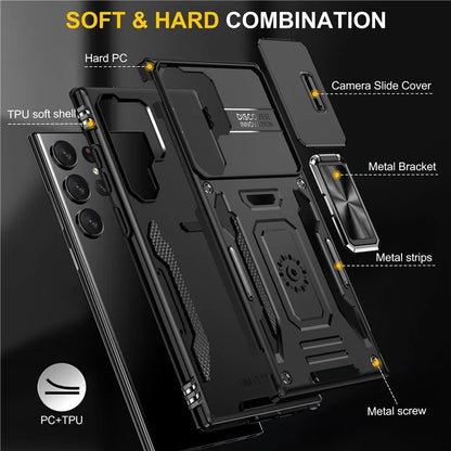 Armor Series For Samsung Galaxy S24 Ultra Case Slide Lens Protection Shockproof PC+TPU Kickstand Phone Cover