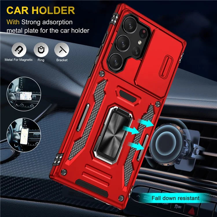 Armor Series For Samsung Galaxy S24 Ultra Case Slide Lens Protection Shockproof PC+TPU Kickstand Phone Cover