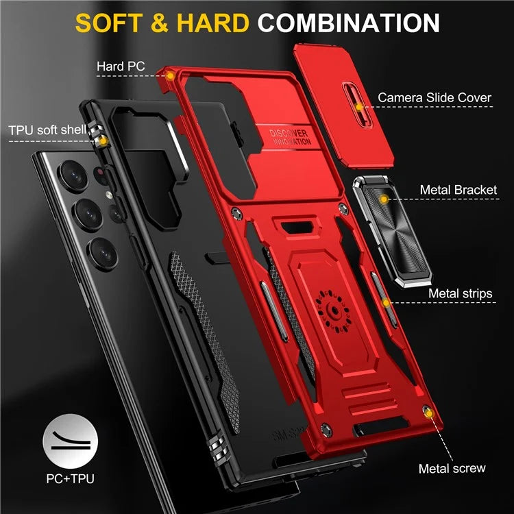 Armor Series For Samsung Galaxy S24 Ultra Case Slide Lens Protection Shockproof PC+TPU Kickstand Phone Cover