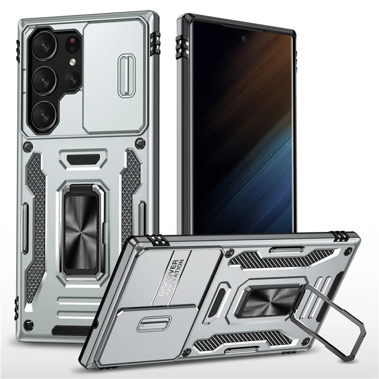 Armor Series For Samsung Galaxy S24 Ultra Case Slide Lens Protection Shockproof PC+TPU Kickstand Phone Cover
