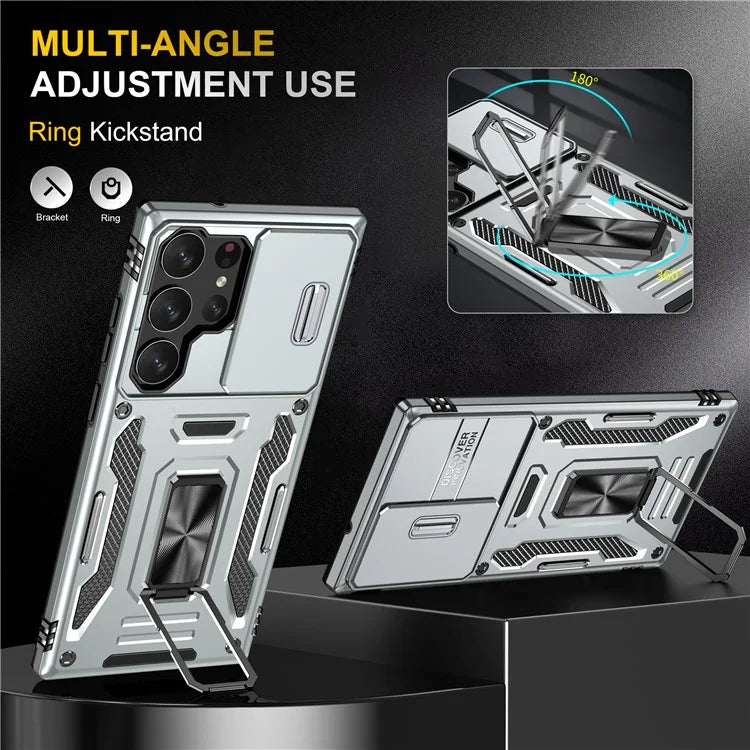 Armor Series For Samsung Galaxy S24 Ultra Case Slide Lens Protection Shockproof PC+TPU Kickstand Phone Cover