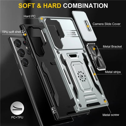 Armor Series For Samsung Galaxy S24 Ultra Case Slide Lens Protection Shockproof PC+TPU Kickstand Phone Cover