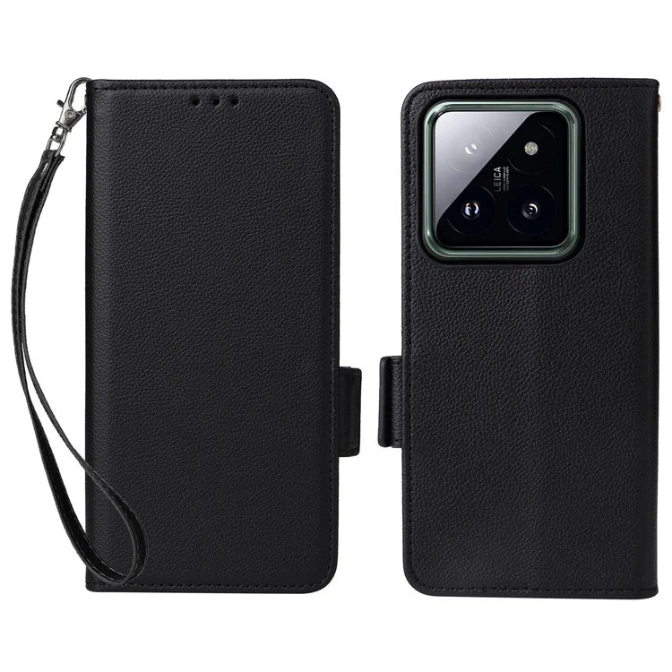 For Xiaomi 14 Pro Wallet Phone Case Magnetic Litchi Texture PU Leather Phone Cover with Strap
