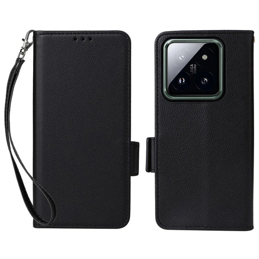 For Xiaomi 14 Pro Wallet Phone Case Magnetic Litchi Texture PU Leather Phone Cover with Strap