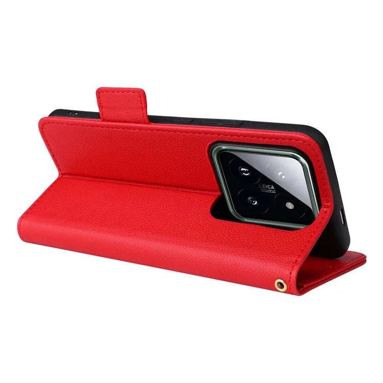 For Xiaomi 14 Pro Wallet Phone Case Magnetic Litchi Texture PU Leather Phone Cover with Strap
