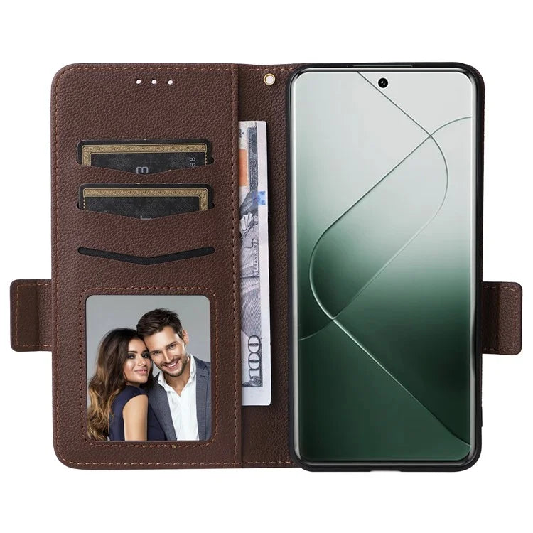 For Xiaomi 14 Pro Wallet Phone Case Magnetic Litchi Texture PU Leather Phone Cover with Strap
