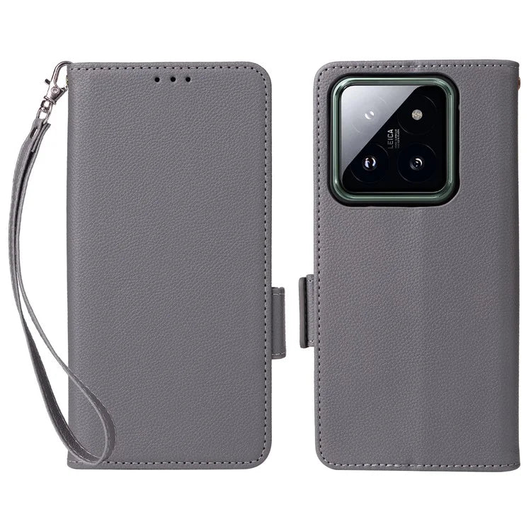 For Xiaomi 14 Pro Wallet Phone Case Magnetic Litchi Texture PU Leather Phone Cover with Strap