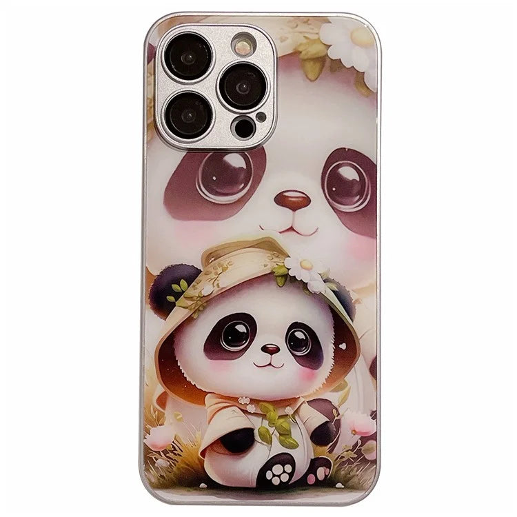 For iPhone 14 Pro Case Tempered Glass Back TPU Frame Panda Pattern Cover