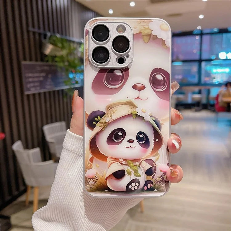 For iPhone 14 Pro Case Tempered Glass Back TPU Frame Panda Pattern Cover