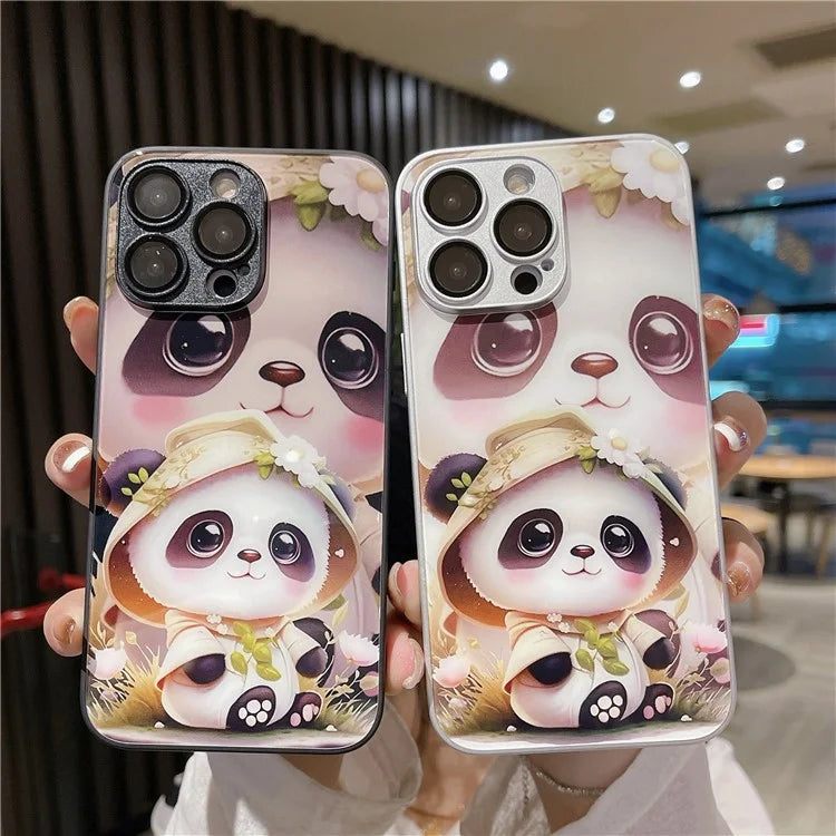For iPhone 14 Pro Case Tempered Glass Back TPU Frame Panda Pattern Cover