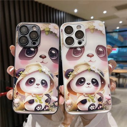 For iPhone 14 Pro Case Tempered Glass Back TPU Frame Panda Pattern Cover