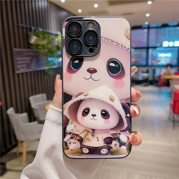 For iPhone 14 Pro Case Tempered Glass Back TPU Frame Panda Pattern Cover