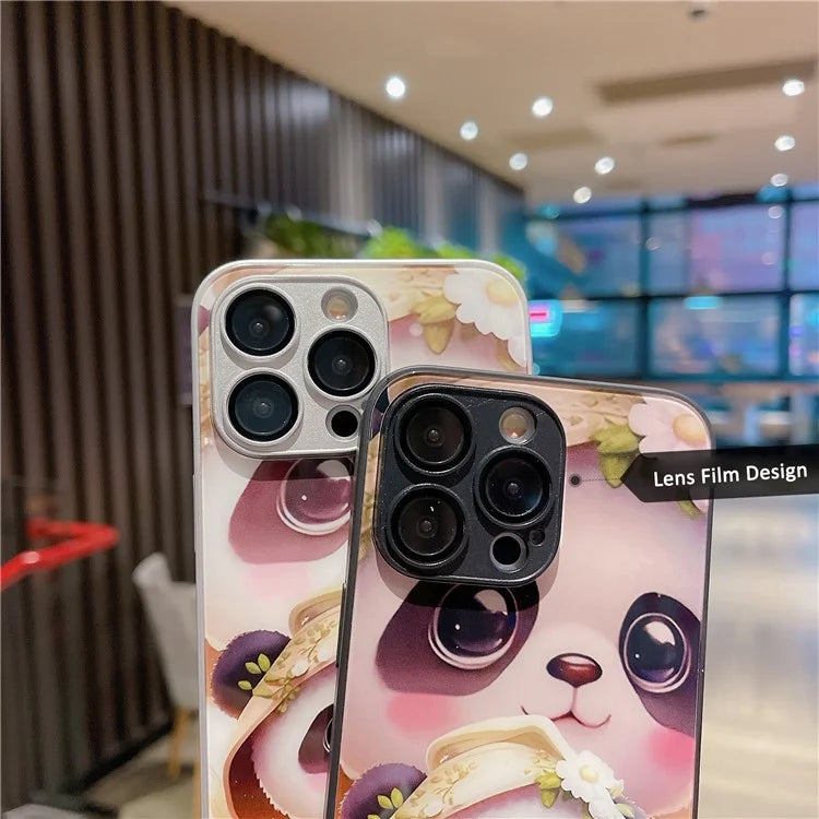 For iPhone 14 Pro Case Tempered Glass Back TPU Frame Panda Pattern Cover