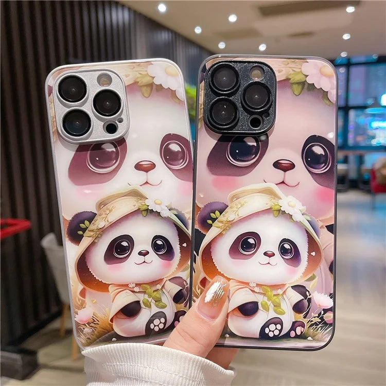 For iPhone 14 Pro Case Tempered Glass Back TPU Frame Panda Pattern Cover
