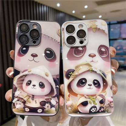 For iPhone 14 Pro Case Tempered Glass Back TPU Frame Panda Pattern Cover