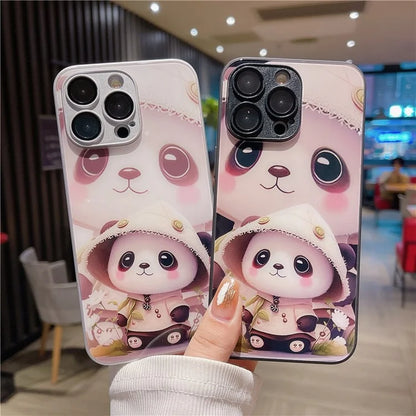 For iPhone 14 Pro Case Tempered Glass Back TPU Frame Panda Pattern Cover