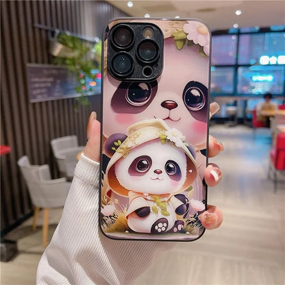 For iPhone 13 Pro Case Panda Pattern TPU Frame Tempered Glass Back Phone Cover
