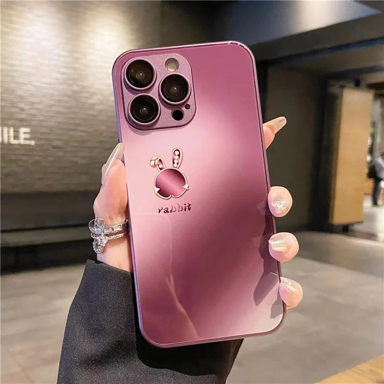 For iPhone 15 Pro Case Lop-eared Rabbit Pattern Phone Cover Tempered Glass+TPU Shell
