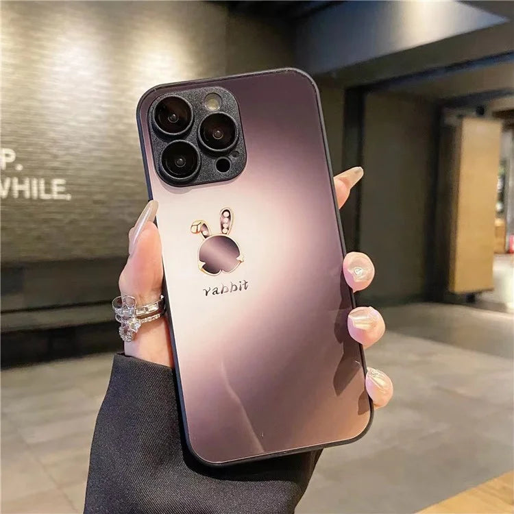 For iPhone 15 Pro Case Lop-eared Rabbit Pattern Phone Cover Tempered Glass+TPU Shell