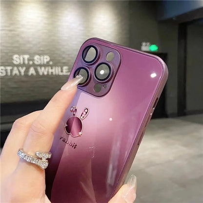 For iPhone 15 Pro Case Lop-eared Rabbit Pattern Phone Cover Tempered Glass+TPU Shell