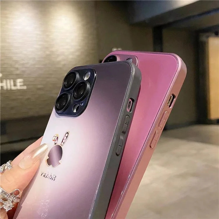 For iPhone 15 Pro Case Lop-eared Rabbit Pattern Phone Cover Tempered Glass+TPU Shell