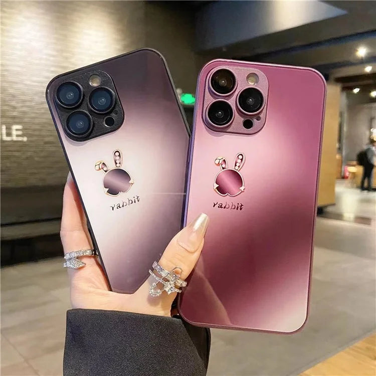 For iPhone 15 Pro Case Lop-eared Rabbit Pattern Phone Cover Tempered Glass+TPU Shell