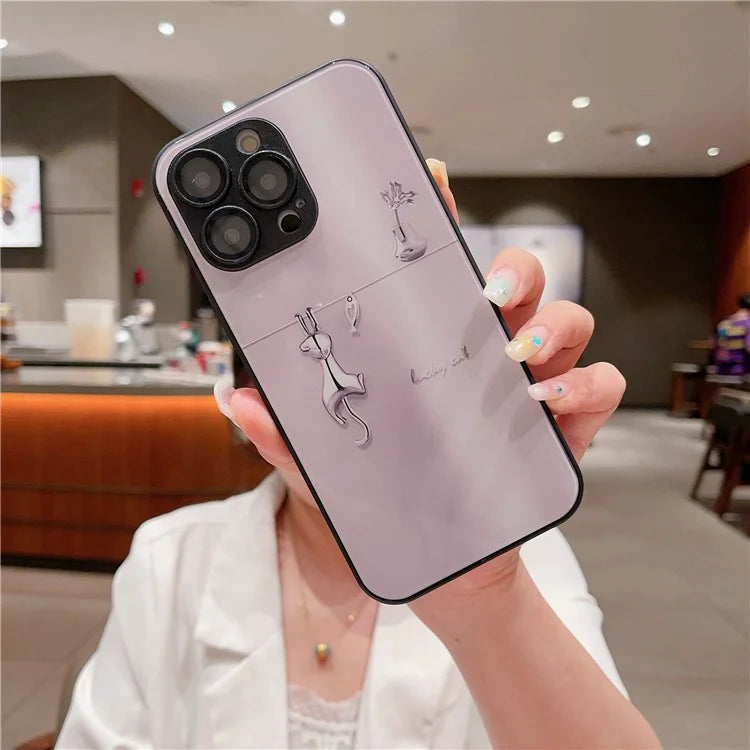For iPhone 14 Pro Case Electroplated Cat Fish Tempered Glass+TPU Shockproof Phone Cover
