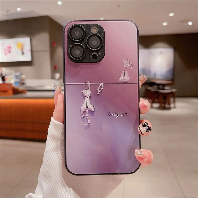 For iPhone 14 Pro Case Electroplated Cat Fish Tempered Glass+TPU Shockproof Phone Cover