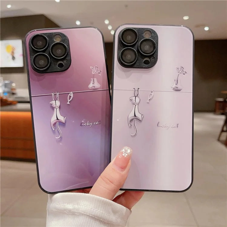 For iPhone 14 Pro Case Electroplated Cat Fish Tempered Glass+TPU Shockproof Phone Cover